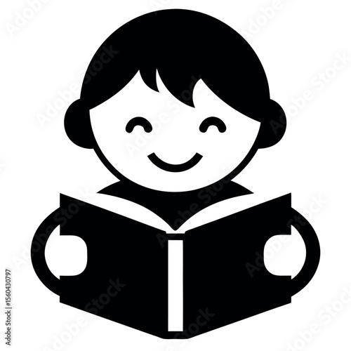 Simplified Boy Reading Book with a Happy Smile in Black and White