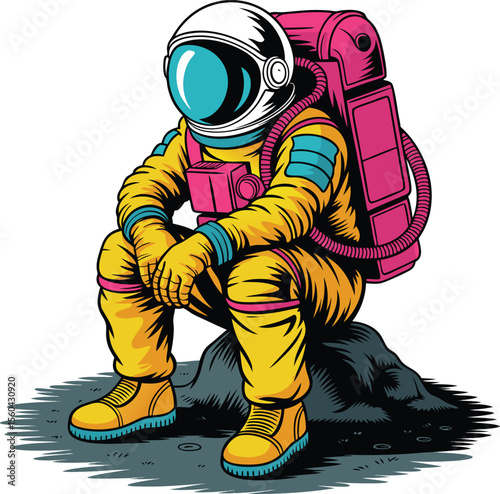An astronaut sits on a rock isolated on white background