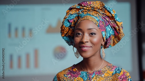A businesswoman wearing a traditional African headwrap (gele) giving a presentation to a multicultural audience. Charts are projected behind her