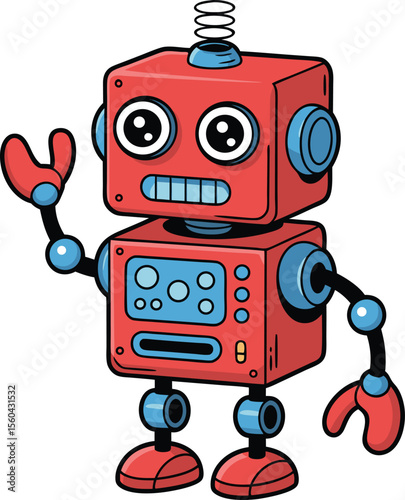 A cheerful red robot with blue accents waves its hand, isolated on white background
