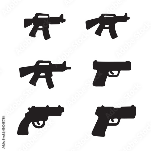 Collection of firearms including pistols, handguns, and revolvers, with bullets, isolated on white for military, police, or crime-related imagery