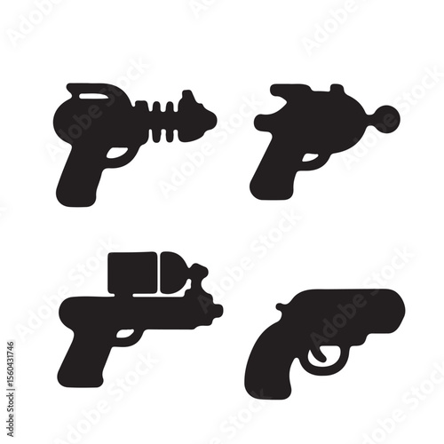Collection of firearms including pistols, handguns, and revolvers, with bullets, isolated on white for military, police, or crime-related imagery