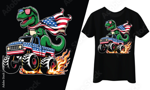Patriotic Dinosaur Riding Monster Truck, 4th of July, T-Shirt Design.