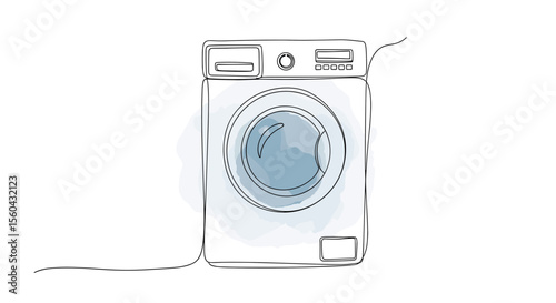 Washing machine – one line doodle drawing with watercolor fill, minimalistic vector illustration on white background