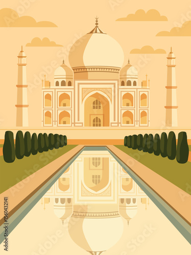 Vector illustration of Taj Mahal in soft palette. Symbol of national heritage, architectural beauty, cultural pride of India. Use for postcards, tourism, poster, website