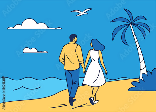 A couple walks hand in hand on a sandy beach beside the ocean with a palm tree and clouds in a vibrant blue sky
