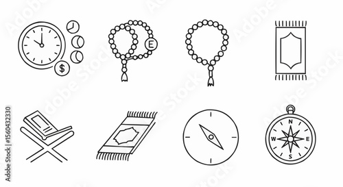 Islamic prayer and worship essentials line art icons.