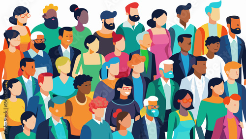 Diverse group of people standing together in a colorful crowd illustration