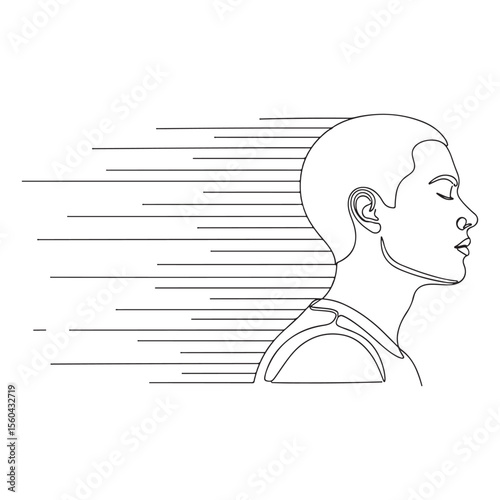 Serene bald woman profile line art speed lines
