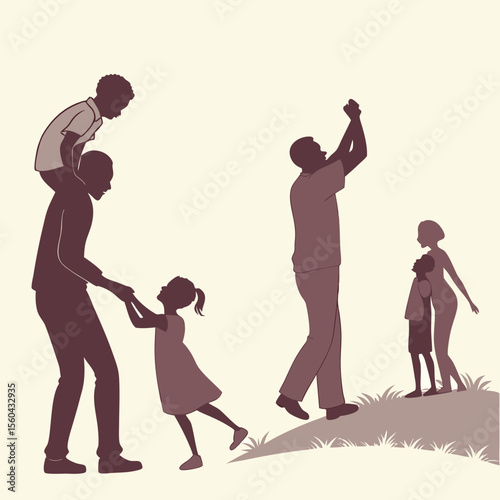 Silhouette of families enjoying time together with children playing and parents watching in an outdoor setting