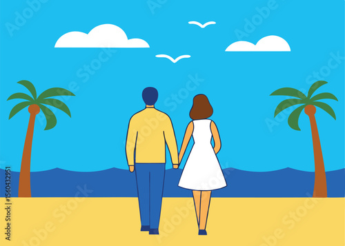 A couple holding hands walks along a sandy beach with palm trees and the ocean under a blue sky with clouds and birds flying