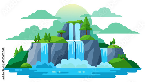 Vibrant flat design illustration of a multi tiered waterfall cascading into a clear blue lake
