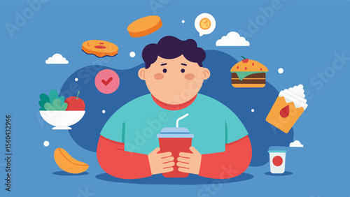 A teenage boy developing unhealthy eating habits and bingedieting in order to achieve the perfect body that is praised on social media.. Vector illustration
