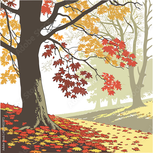 Autumnal landscape featuring trees with colorful foliage and a ground covered in fallen leaves drawing