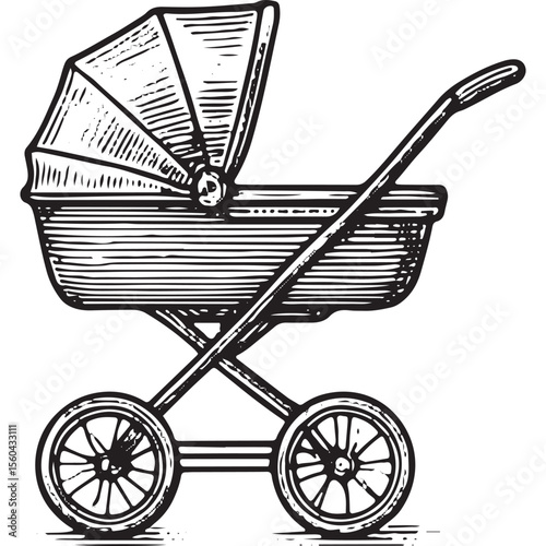 Hand-drawn vintage baby stroller in retro engraving style, isolated on white background