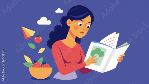 A woman browsing through a magazine full of diet fads and ripping out the pages determined to stick to her healthy eating habits.. Vector illustration