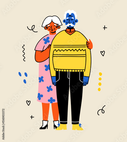 Cute elderly couple. Happy seniors together. Old men and women, spouses. Vector doodle cartoon illustration in flat style