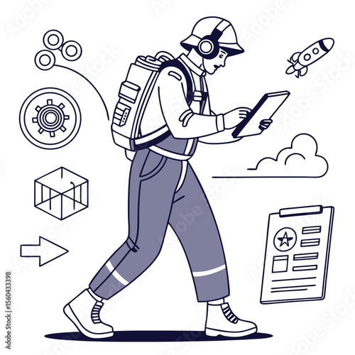 Person in helmet with backpack using tablet surrounded by icons and clipboard graphic design