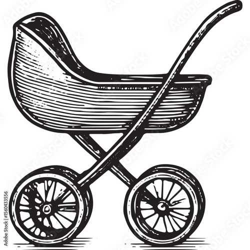 Vintage baby stroller in hand-drawn engraving style, isolated on white background