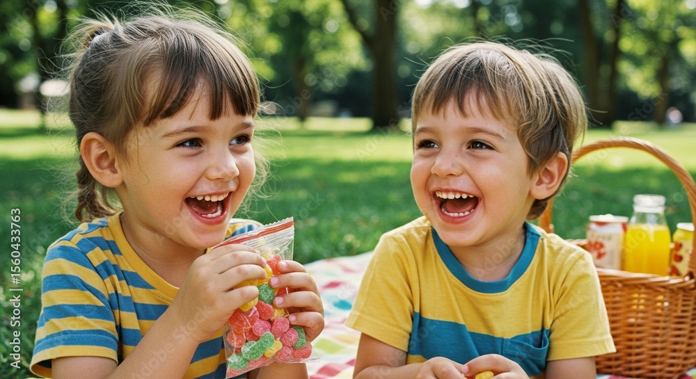 Two children are enjoying a picnic on the grass with candy and drinks. The children are laughing in a park setting. Two children are enjoying a picnic on the grass with candy and drinks. The children are laughing in a park setting.