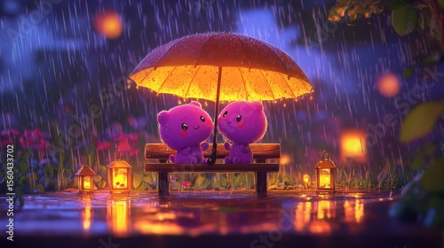 Wallpaper Mural  cute, pink characters sitting on a bench under an umbrella in the rain at the beach, sunset, cloudy, pink/yellow,purple, orange colors, Cute little lanterns hang around the background Torontodigital.ca