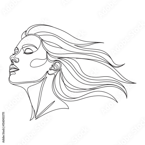 Woman face line art flowing hair beauty