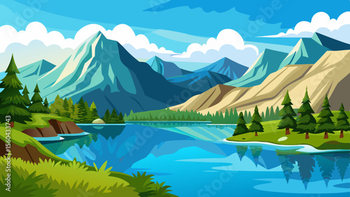 Serene mountain lake with pine trees and reflecting blue sky clouds