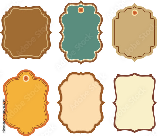 Collection of six decorative vintage frame and label designs in various colors