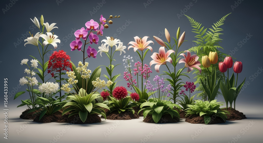 Obraz premium A collection of diverse, vibrant flowers, including lilies, orchids, and tulips, against a neutral studio background.