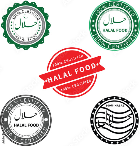 Set of Halal Stamps and Badges – Arabic Calligraphy, Certified Halal Food stamp set Vector Design