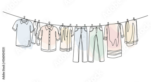 Hanging clothes on line – one line doodle drawing with watercolor fill, minimalistic vector illustration on white background