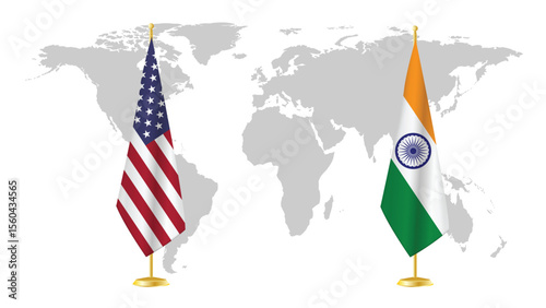 USA and India stand flags on world map background. Symbolic of diplomatic relations, unity, and strategic partnership. 3D rendered international concept design.
