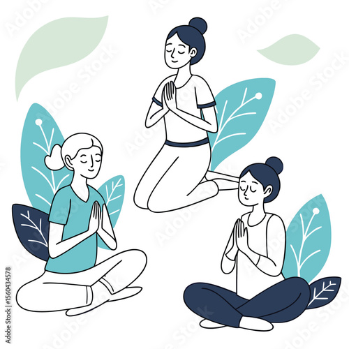 Three women meditating in different poses with leaves in the background in a serene environment