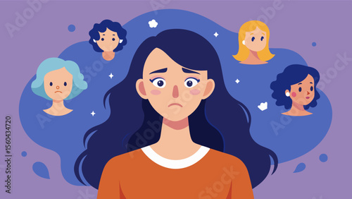 A woman constantly comparing herself to others feeling inadequate and unhappy with her own appearance.. Vector illustration
