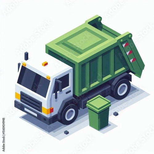 Flat isometric 3D vector garbage truck