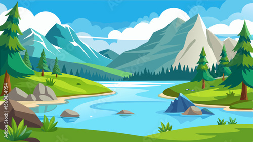 Vibrant cartoon illustration of a serene mountain lake surrounded by lush green hills and snow capped peaks under a blue sky with fluffy clouds