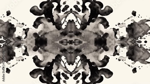 Abstract symmetrical ink blot composition with mirrored organic shapes, creating a Rorschach test-like design.

