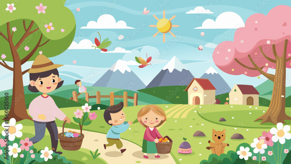 Naklejka premium Happy family enjoying a sunny spring day with flowers baskets and a cute fox in a picturesque countryside landscape