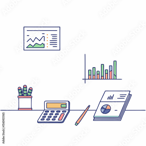 Business analysis illustration with graphs calculator and office supplies elements