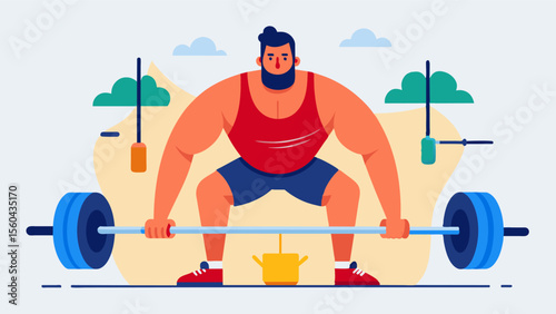 A weightlifter using proper form and technique while performing deadlifts barbell rows and bench presses.. Vector illustration