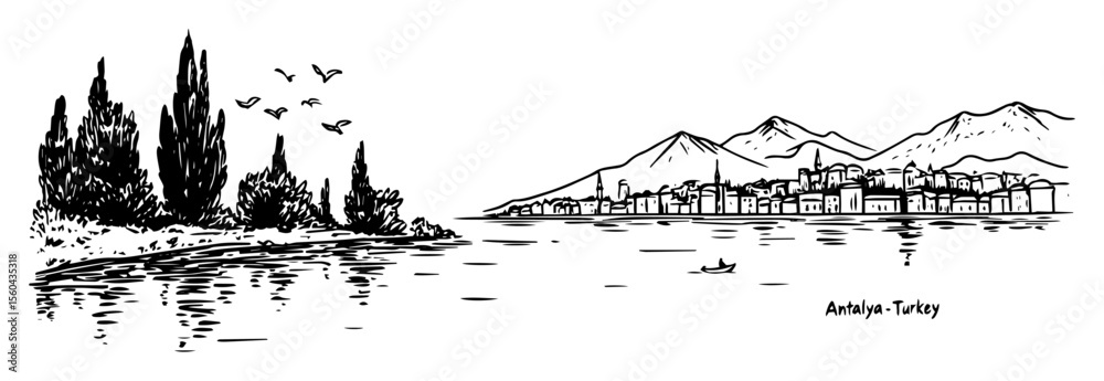 Naklejka premium antalya coast with mountains and sea – black and white minimal vector