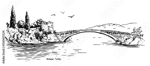 antalya landscape with roman bridge and river – minimal black and white vector