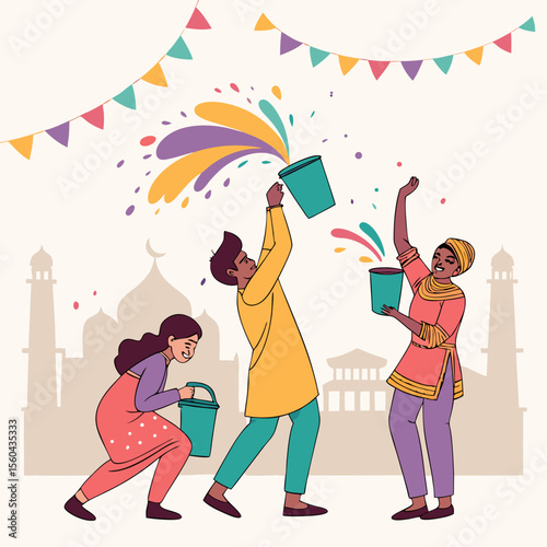 Colorful holi festival celebration illustrative design with people throwing paint