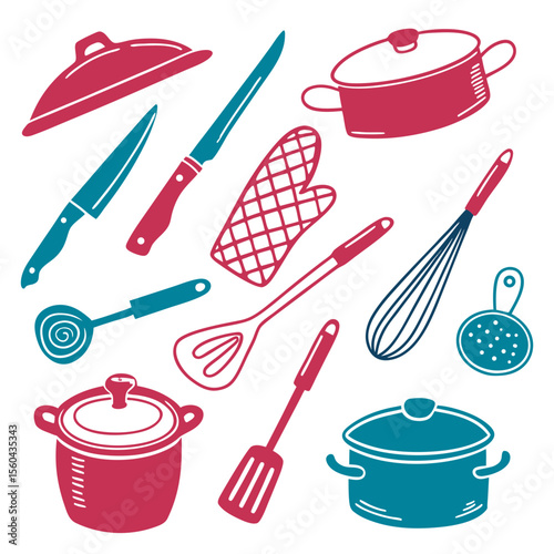 Colorful kitchen tools illustration with knives pots pans and accessories over white