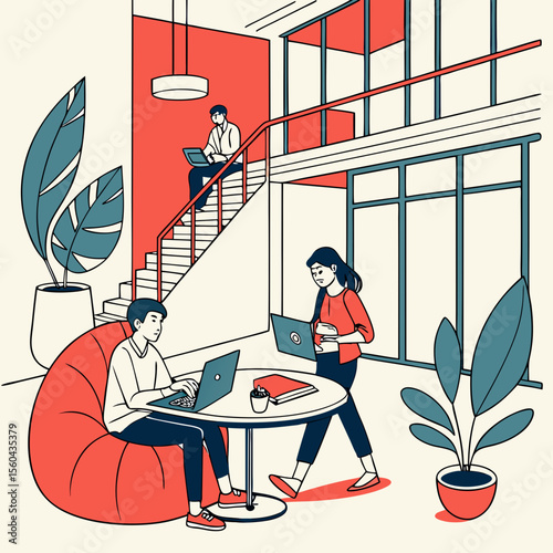 Contemporary office coworking illustration depicting team members working on laptops and projects