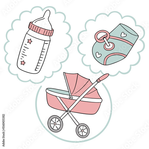 Illustration of baby items including a bottle, baby shoe and a pink stroller on a white background