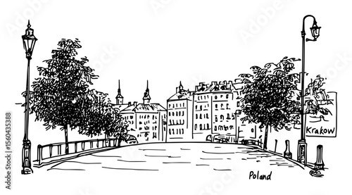 krakow old town view with lanterns and bridge – black and white outline vector