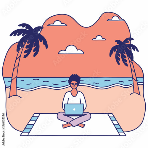 Digital nomad working on beach using laptop with palm trees and ocean view