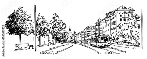 zurich street with tram and historic buildings – hand drawn outline vector