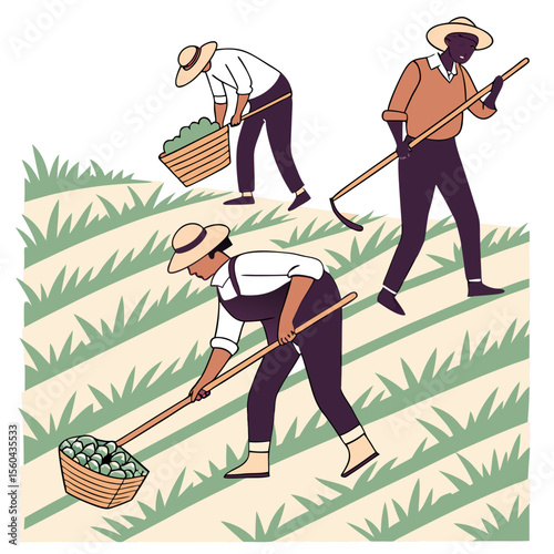 Farmers harvesting crops in a field illustration on a transparent background